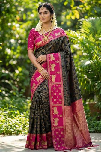 black soft silk blend saree with pink nandi zari temple border