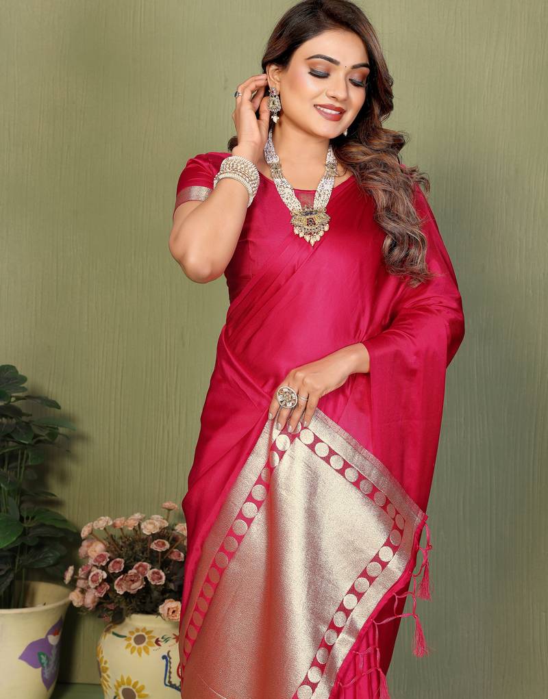 Rani Pink Color Hand Dyed With Zari Woven Satin Silk Saree