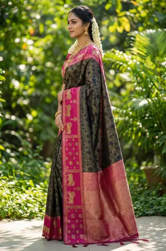 black soft silk blend saree with pink nandi zari temple border