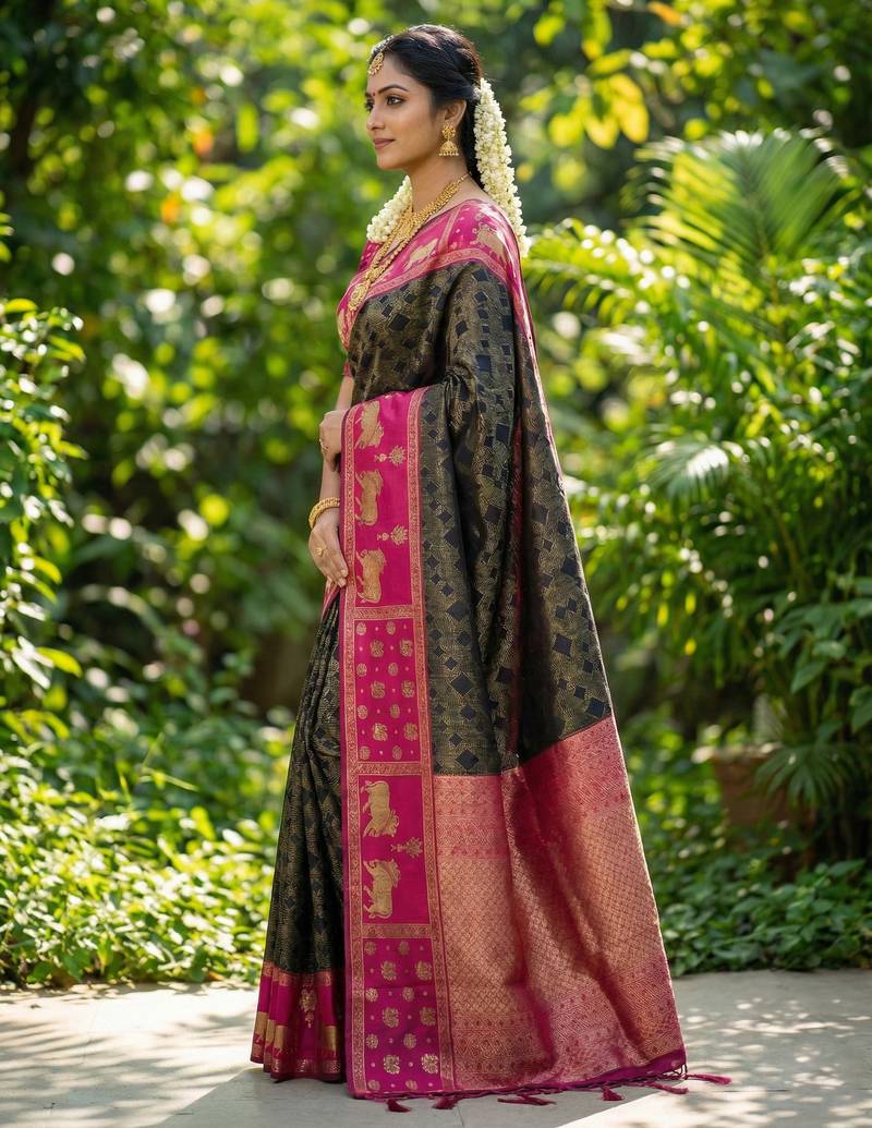 black soft silk blend saree with pink nandi zari temple border