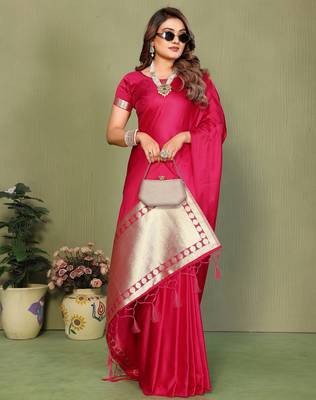 Rani Pink Color Hand Dyed With Zari Woven Satin Silk Saree 3