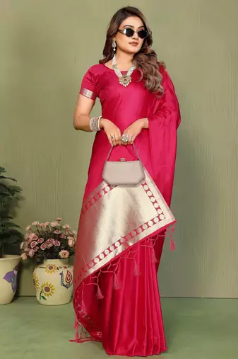 Rani Pink Color Hand Dyed With Zari Woven Satin Silk Saree