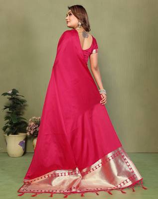 Rani Pink Color Hand Dyed With Zari Woven Satin Silk Saree 4