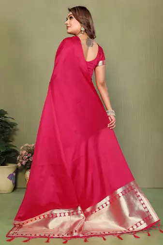 Rani Pink Color Hand Dyed With Zari Woven Satin Silk Saree