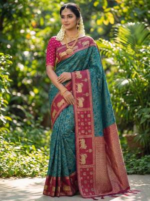 teal blue soft silk blend saree with pink nandi zari border 1