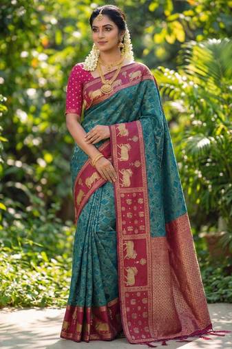 teal blue soft silk blend saree with pink nandi zari border