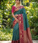 teal blue soft silk blend saree with pink nandi zari border