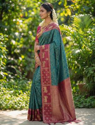 teal blue soft silk blend saree with pink nandi zari border 2