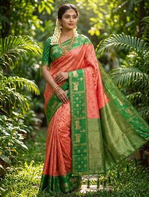 peach soft silk blend saree with green nandi zari border 1