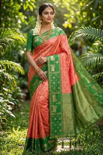 peach soft silk blend saree with green nandi zari border