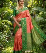 peach soft silk blend saree with green nandi zari border