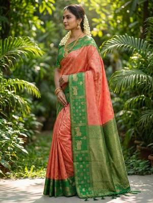 peach soft silk blend saree with green nandi zari border 2