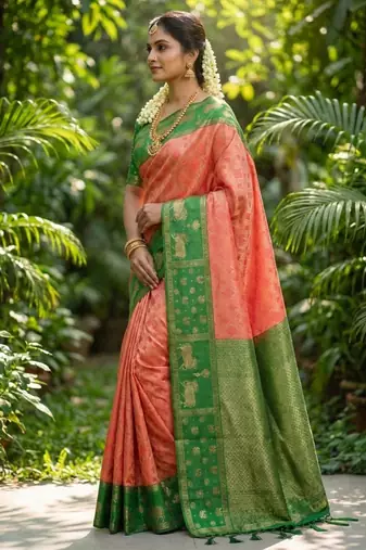 peach soft silk blend saree with green nandi zari border