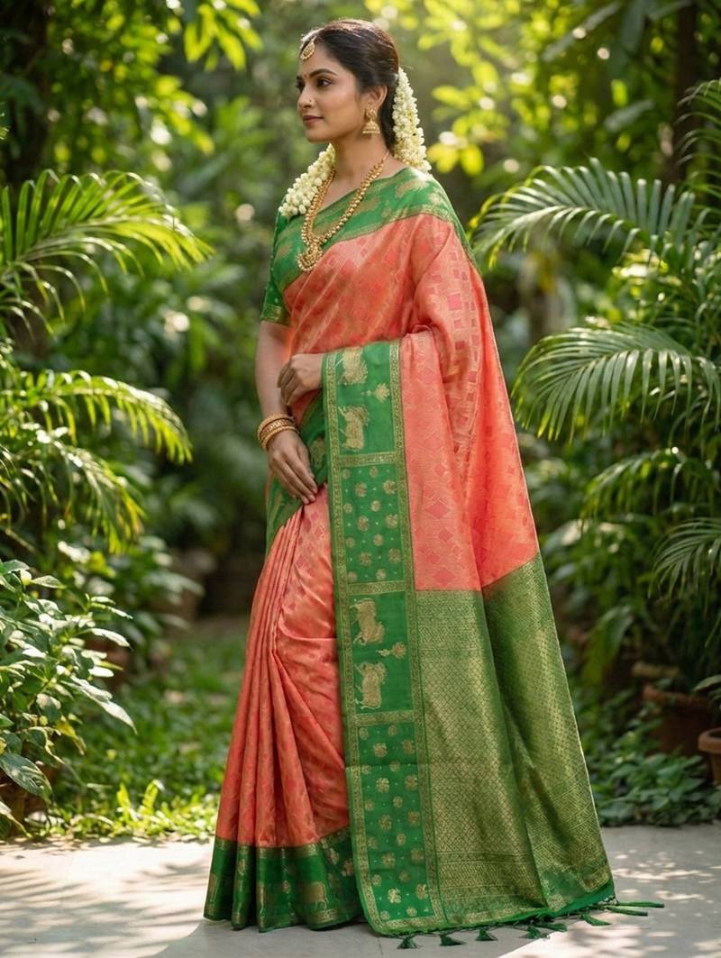 peach soft silk blend saree with green nandi zari border