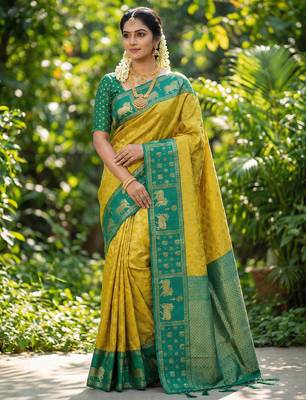 yellow soft silk blend saree with green nandi zari border 1