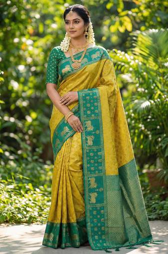 yellow soft silk blend saree with green nandi zari border