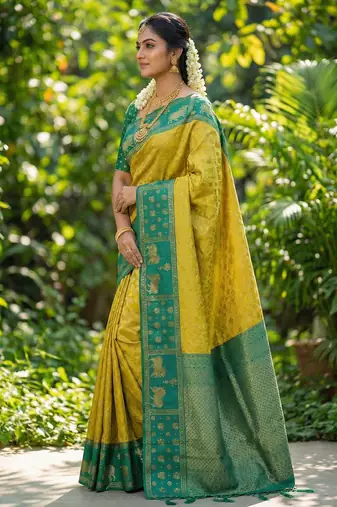 yellow soft silk blend saree with green nandi zari border
