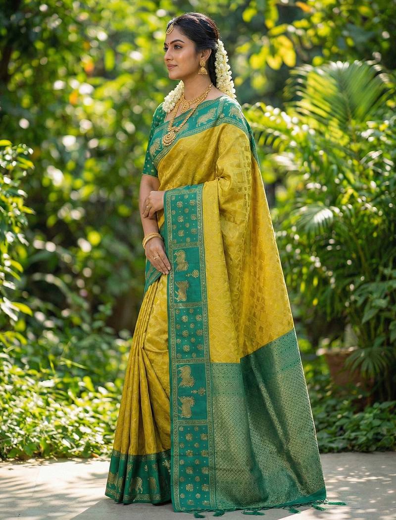yellow soft silk blend saree with green nandi zari border