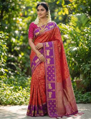 rust orange soft silk blend saree with purple nandi zari border 1