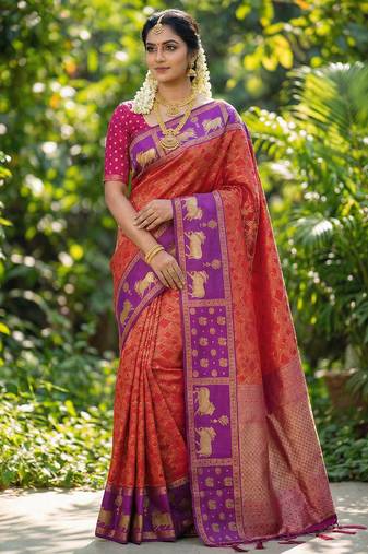rust orange soft silk blend saree with purple nandi zari border
