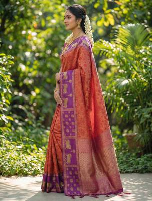 rust orange soft silk blend saree with purple nandi zari border 2