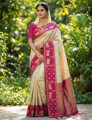 cream soft silk blend saree with pink nandi zari border 1