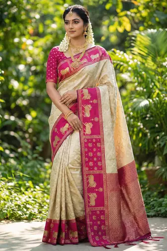 cream soft silk blend saree with pink nandi zari border