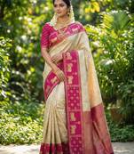 cream soft silk blend saree with pink nandi zari border