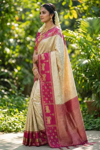 cream soft silk blend saree with pink nandi zari border