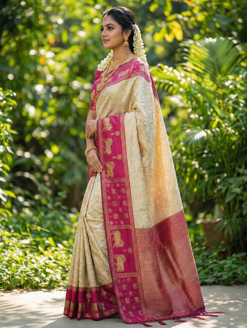 cream soft silk blend saree with pink nandi zari border