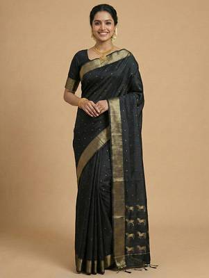 stunning black soft silk blend saree with gold zari & galloping horse motifs 1