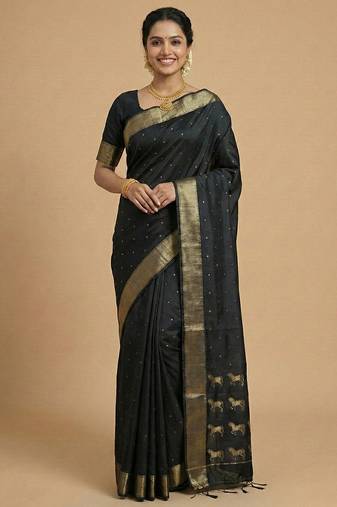stunning black soft silk blend saree with gold zari & galloping horse motifs