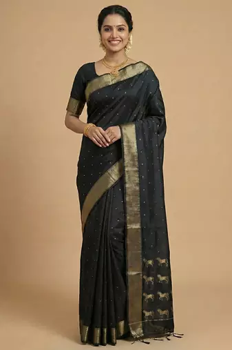 stunning black soft silk blend saree with gold zari & galloping horse motifs