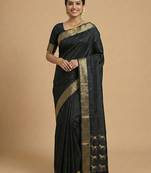 stunning black soft silk blend saree with gold zari & galloping horse motifs