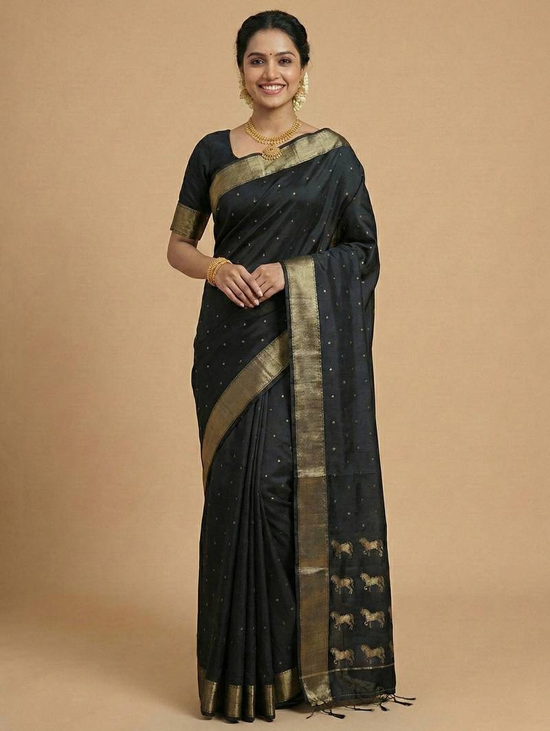 stunning black soft silk blend saree with gold zari & galloping horse motifs