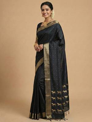 stunning black soft silk blend saree with gold zari & galloping horse motifs 2