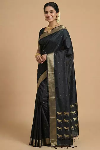 stunning black soft silk blend saree with gold zari & galloping horse motifs