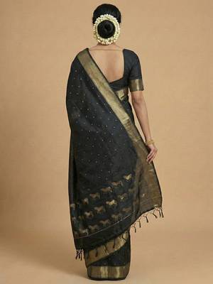 stunning black soft silk blend saree with gold zari & galloping horse motifs 3