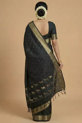 stunning black soft silk blend saree with gold zari & galloping horse motifs