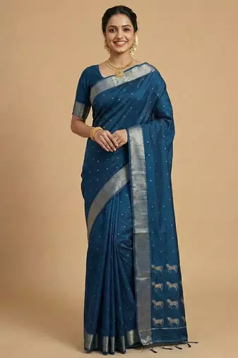 peacock teal blue soft silk blend saree | royal ashwa design & zari border