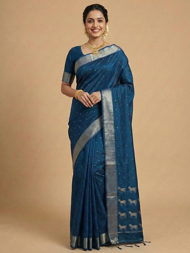peacock teal blue soft silk blend saree | royal ashwa design & zari border