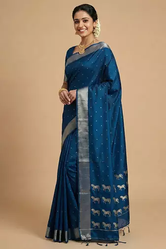 peacock teal blue soft silk blend saree 