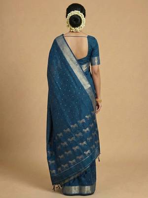 peacock teal blue soft silk blend saree  3