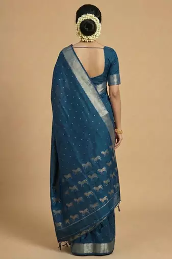 peacock teal blue soft silk blend saree 