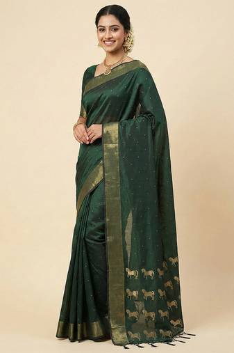 dark bottle green soft silk blend saree | traditional temple border & horse motif
