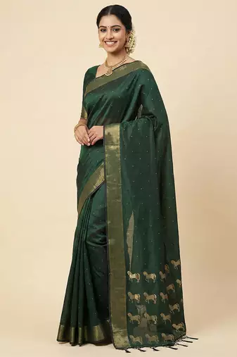 dark bottle green soft silk blend saree | traditional temple border & horse motif