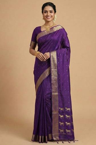 majestic purple soft silk blend saree | violet zari saree with horse pattern
