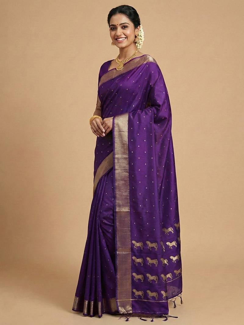 majestic purple soft silk blend saree | violet zari saree with horse pattern