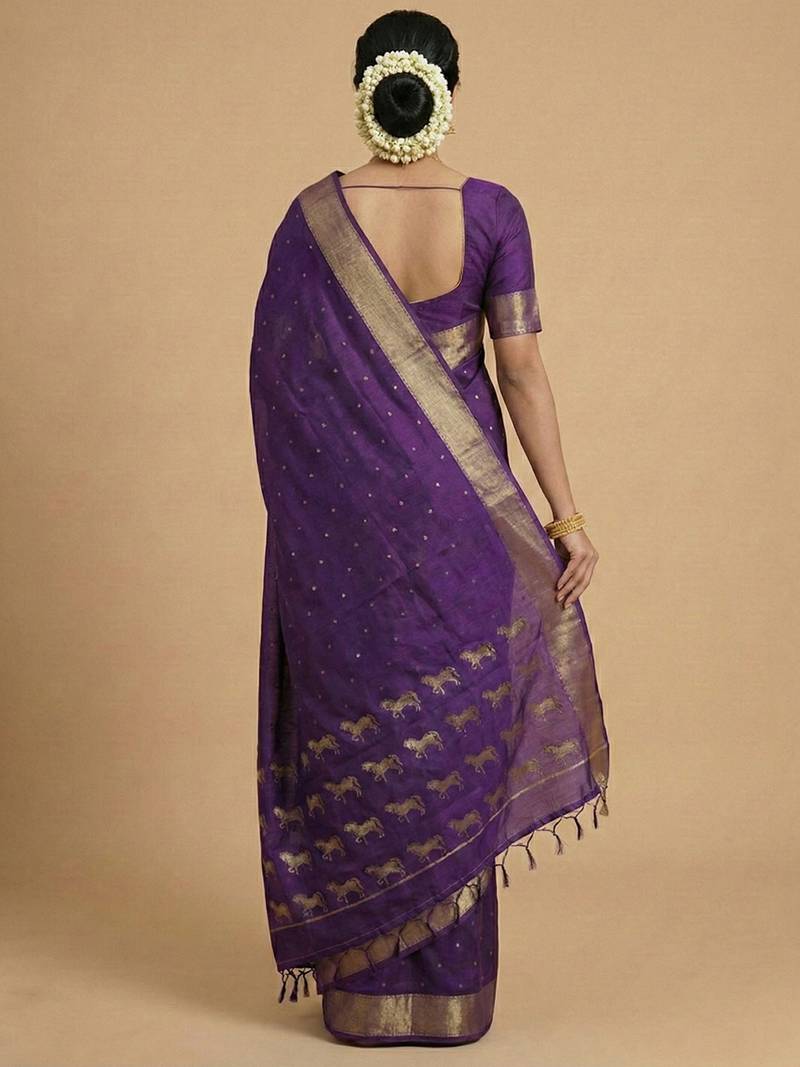 majestic purple soft silk blend saree | violet zari saree with horse pattern
