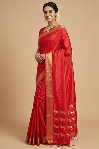 auspicious red soft silk blend saree | bridal & puja wear with gold zari